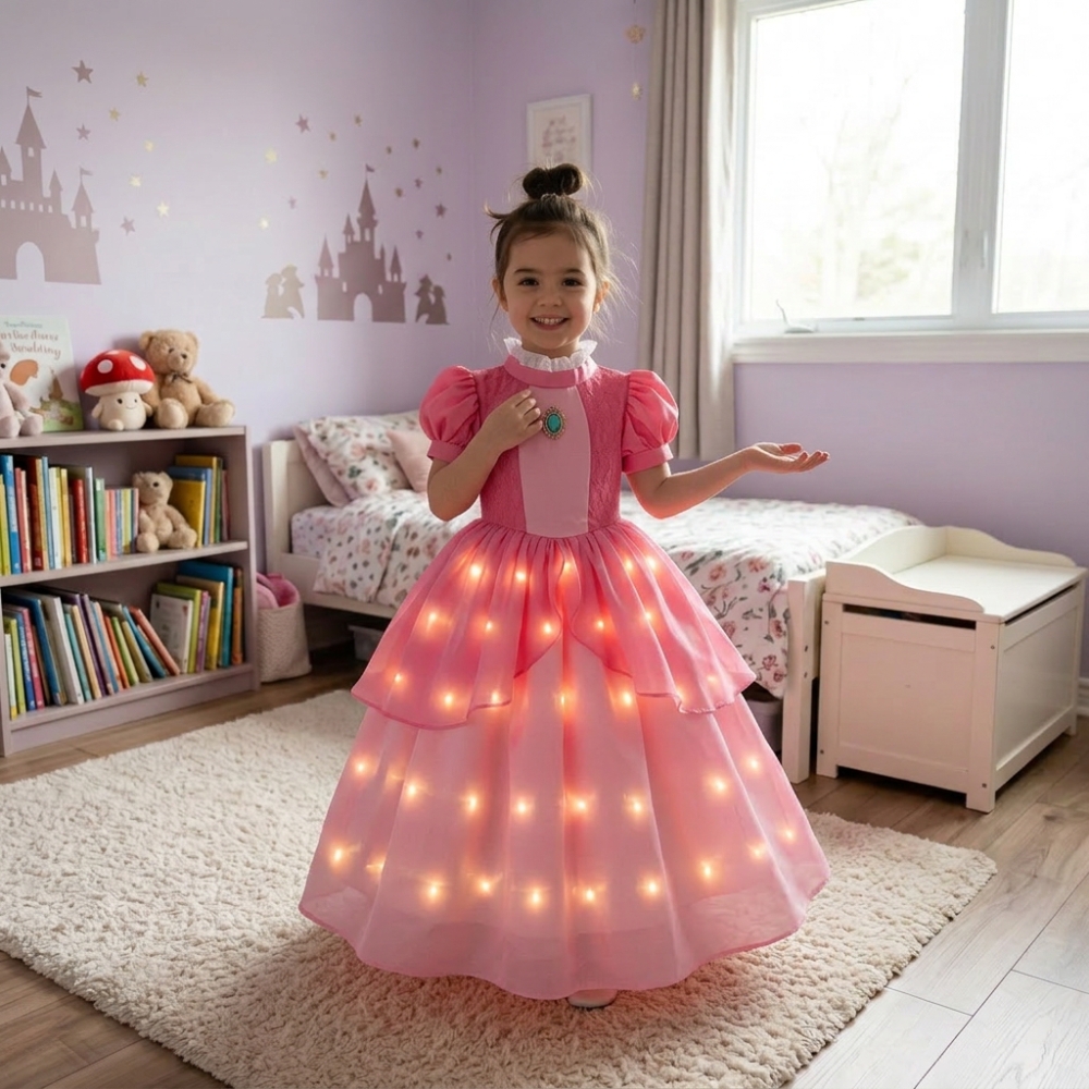 Full view of a girl wearing the LED Princess Peach Mario fancy dress costume, shimmering with a magical princess pink glow.