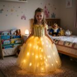 Close-up of the LED lighting on the golden Beauty and the Beast princess dress, highlighting the elegant shimmering design.