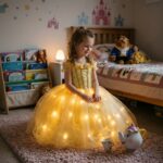 Full view of a girl wearing the golden LED Beauty and the Beast princess dress, shining with a magical golden glow for enchanting dress-up play.
