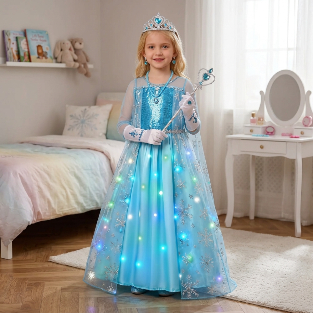 Full view of a girl wearing the LED Frozen princess dress, radiating an enchanting icy glow for the ultimate Frozen-inspired dress-up.