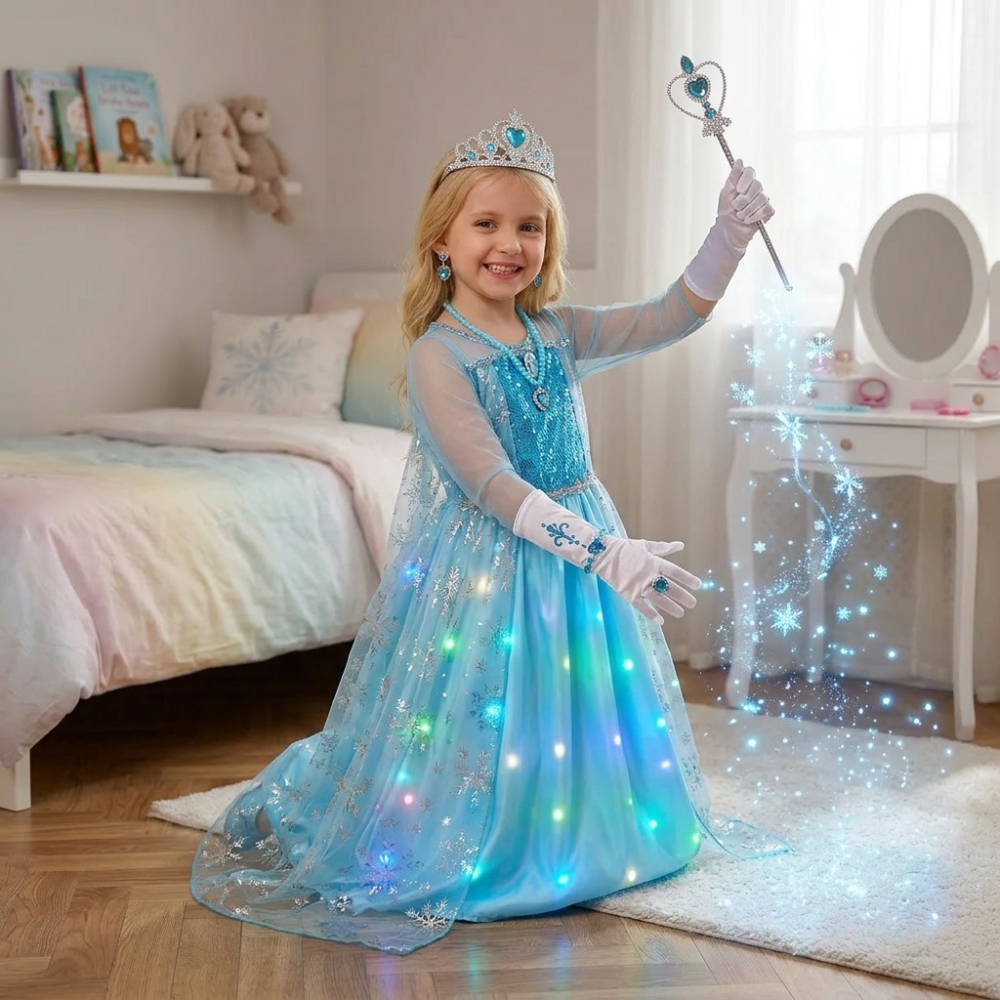 Close-up of the LED lighting on the Frozen princess dress, capturing the icy shimmer and magical Elsa-inspired blue glow.