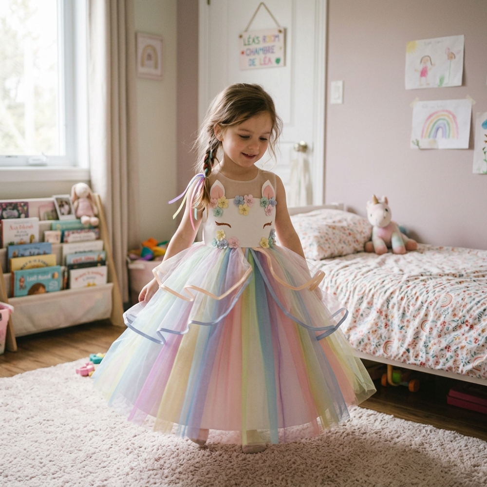 Close-up of the rainbow LED lighting on the unicorn princess dress, showing the vibrant multicolour glow and magical unicorn design.