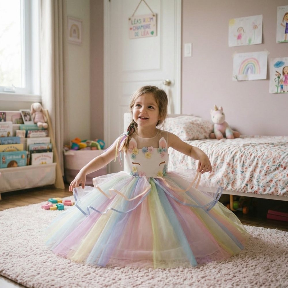 Full view of a girl wearing the rainbow unicorn LED princess dress, shimmering with a dazzling rainbow glow for magical unicorn adventures.