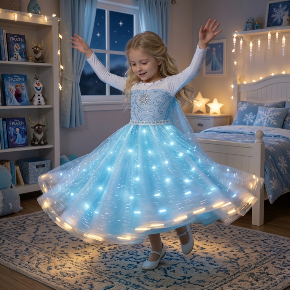 Full view of a girl wearing the complete Frozen LED princess dress set, shimmering with a magical icy glow for the ultimate Frozen adventure.