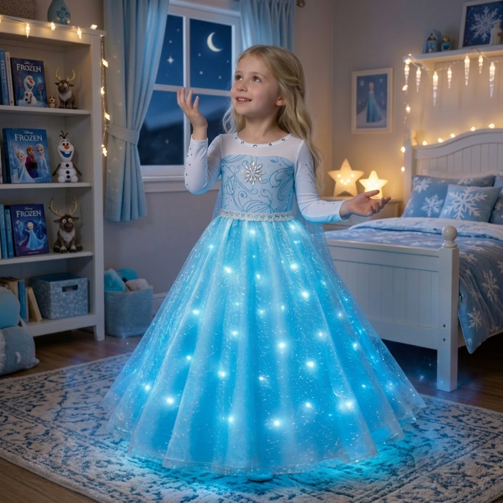 Close-up of the Frozen LED princess dress complete set, showing the accessories and the enchanting icy blue glow of the LED lights.