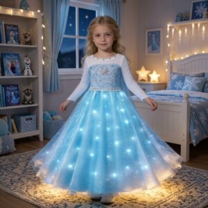 A little girl in her bedroom wearing a complete Frozen LED princess dress set inspired by the Frozen characters, glowing with an icy magical light.