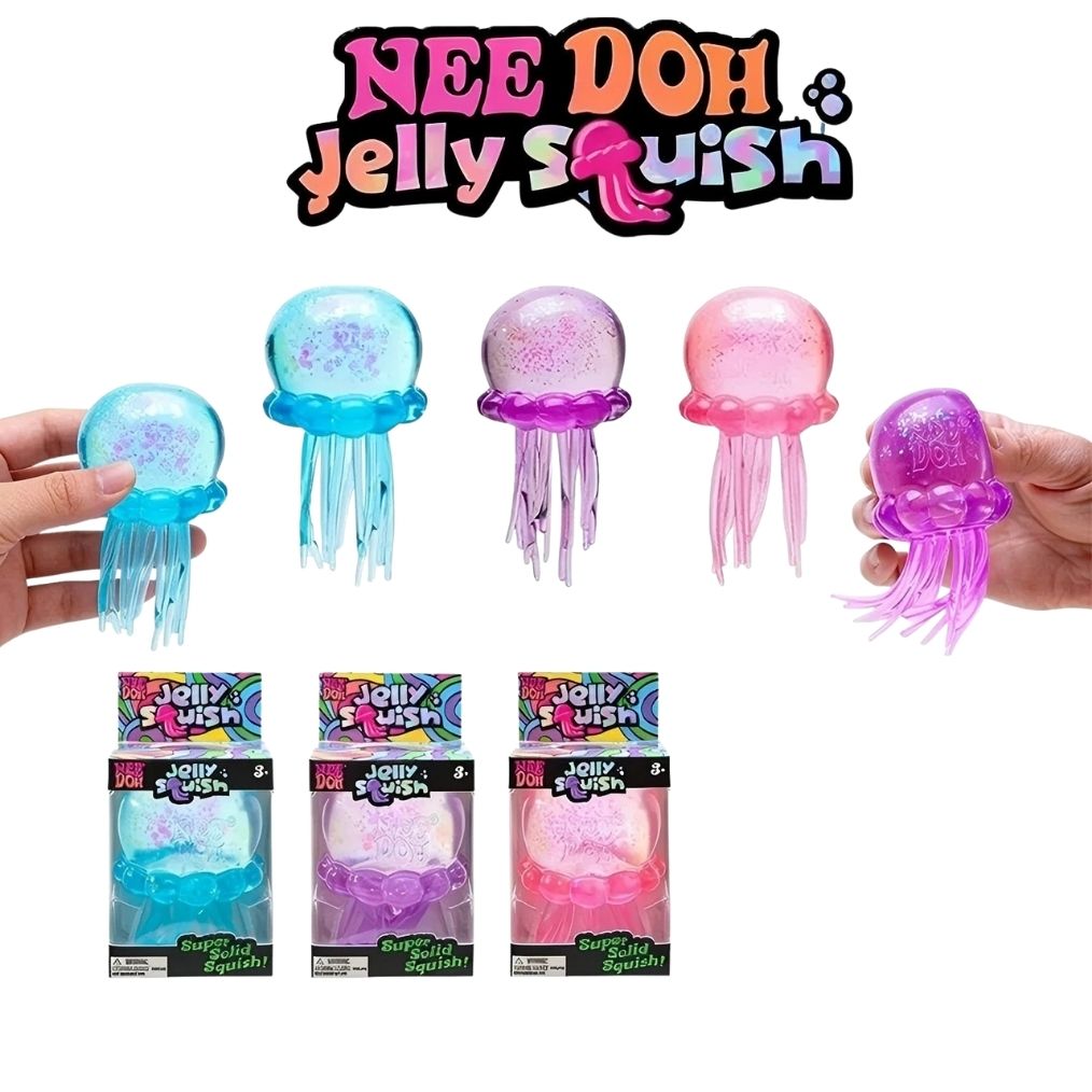 Three Nee Doh jellyfish squishy stress toys in turquoise, pink and purple, shown in hand and in individual blister packaging with the Nee Doh logo.