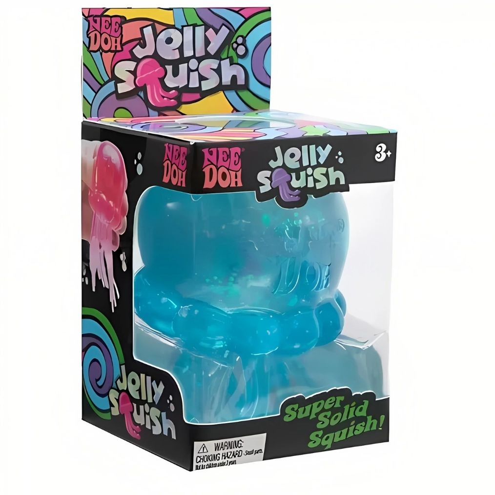 Full view of three Nee Doh jellyfish squishy toys in pink, turquoise and purple, each shown in their individual blister packaging.