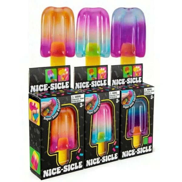 Three black Needoh boxes with colourful ice cream-shaped squishy anti-stress toys displayed above them in three fun flavour designs.