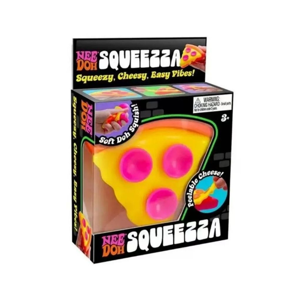 A black Needoh box containing a yellow pizza slice-shaped squishy anti-stress toy with small pink dots, a fun and tactile sensory toy for girls.